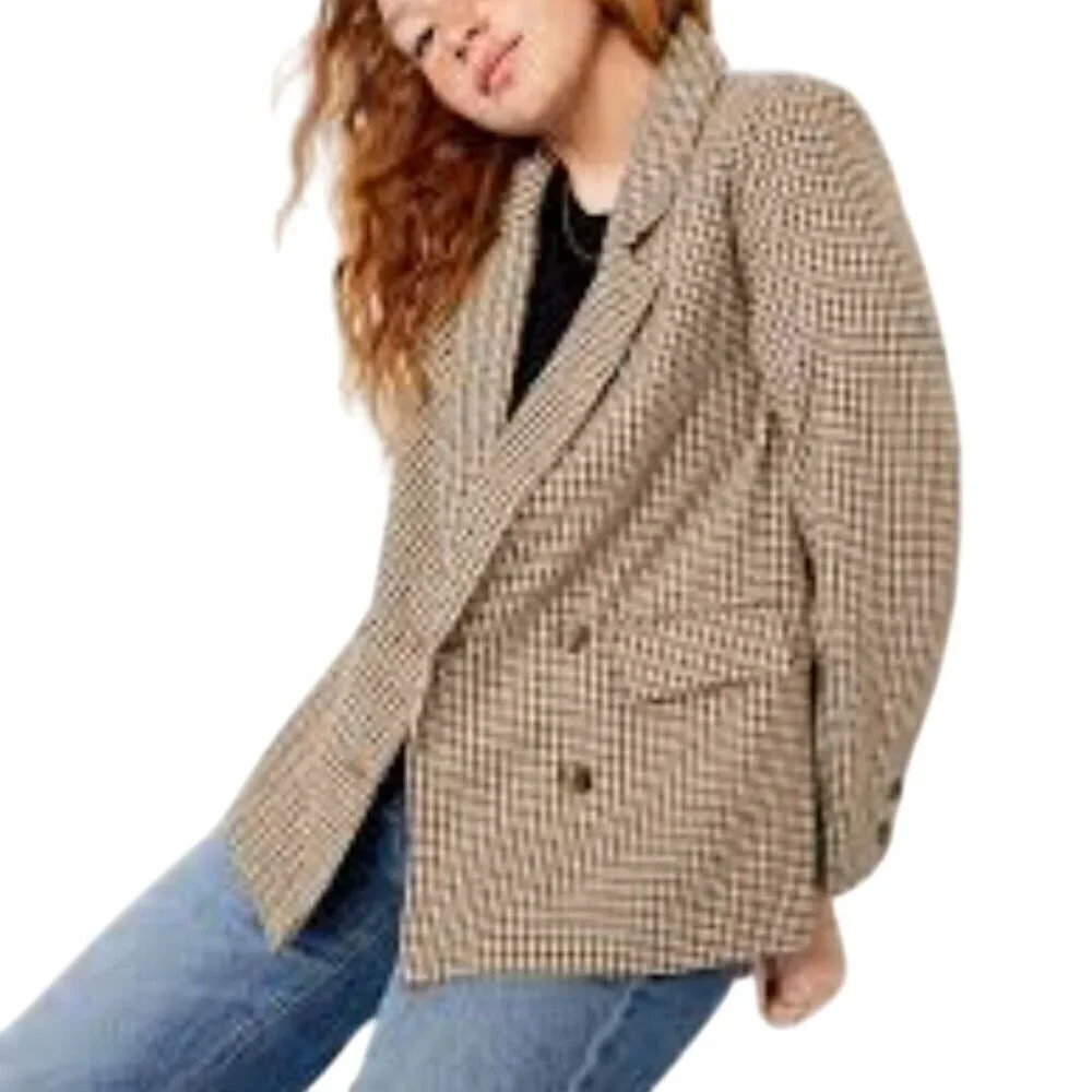Old Navy NWT Double-Breasted Textured Blazer Brown Plaid Houndstooth Size XL